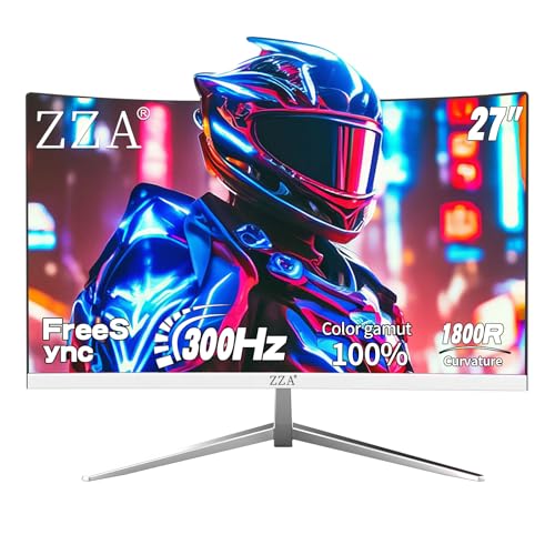 ZZA 27' Curved Gaming Monitor 300HZ Computer Monitor, FHD 1080p 1ms 1800R VA Screen, 99% sRGB, Support AMD FreeSync, Blue Light Filter, HDMI*2 & DP*2, VESA Mounting Compliant- White