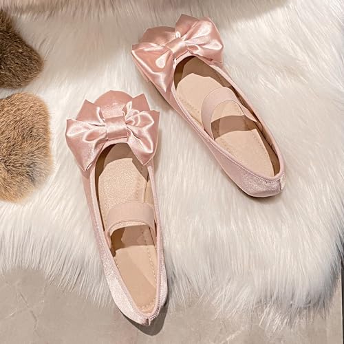 Dear Time Bowknot Satin Ballet Flats Elastic Strap Cute Round Toe Shoes Slip on Pink Size 103