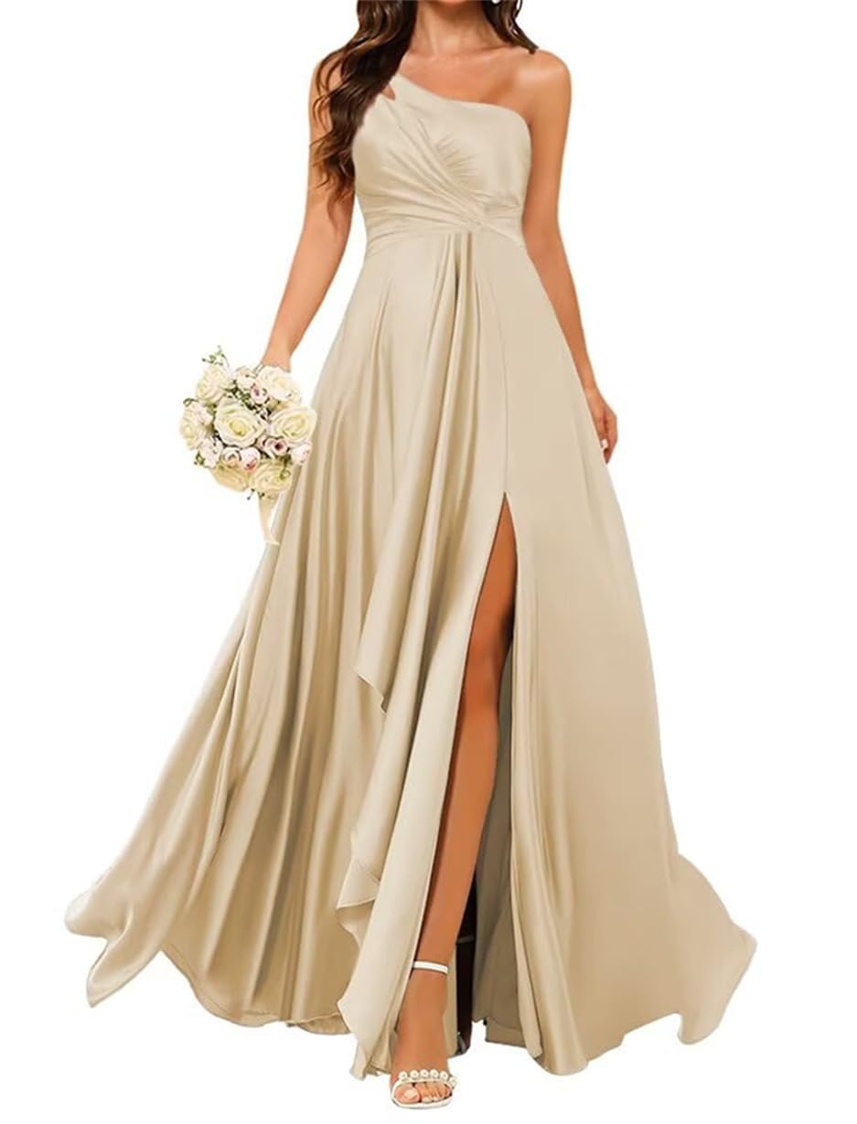 Wseyu Women's Champagne Princess Bridesmaid Dresses One Shoulder Prom Dresses Satin Formal Evening Party Maxi Gown With Slit Zm246 Uk8