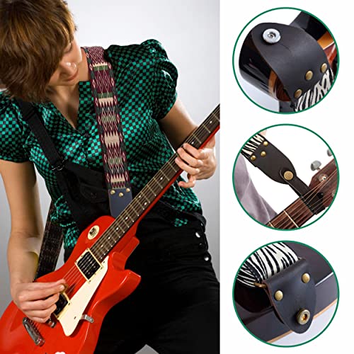 Nefelibata Guitar Strap, Red Brown Diamond Vintage Grosgrain Weave, Three Spike Leather Ended Acoustic Guitar Electric Guitar Bass Guitar Straps With Free Lock And Headstock Strap #TOP4