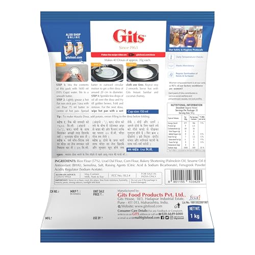 Image of Gits Instant Rice Dosa Breakfast Mix, Makes 40 Dosas, Pure Veg, South Indian Breakfast Mix, 1Kg (Pack of 3)