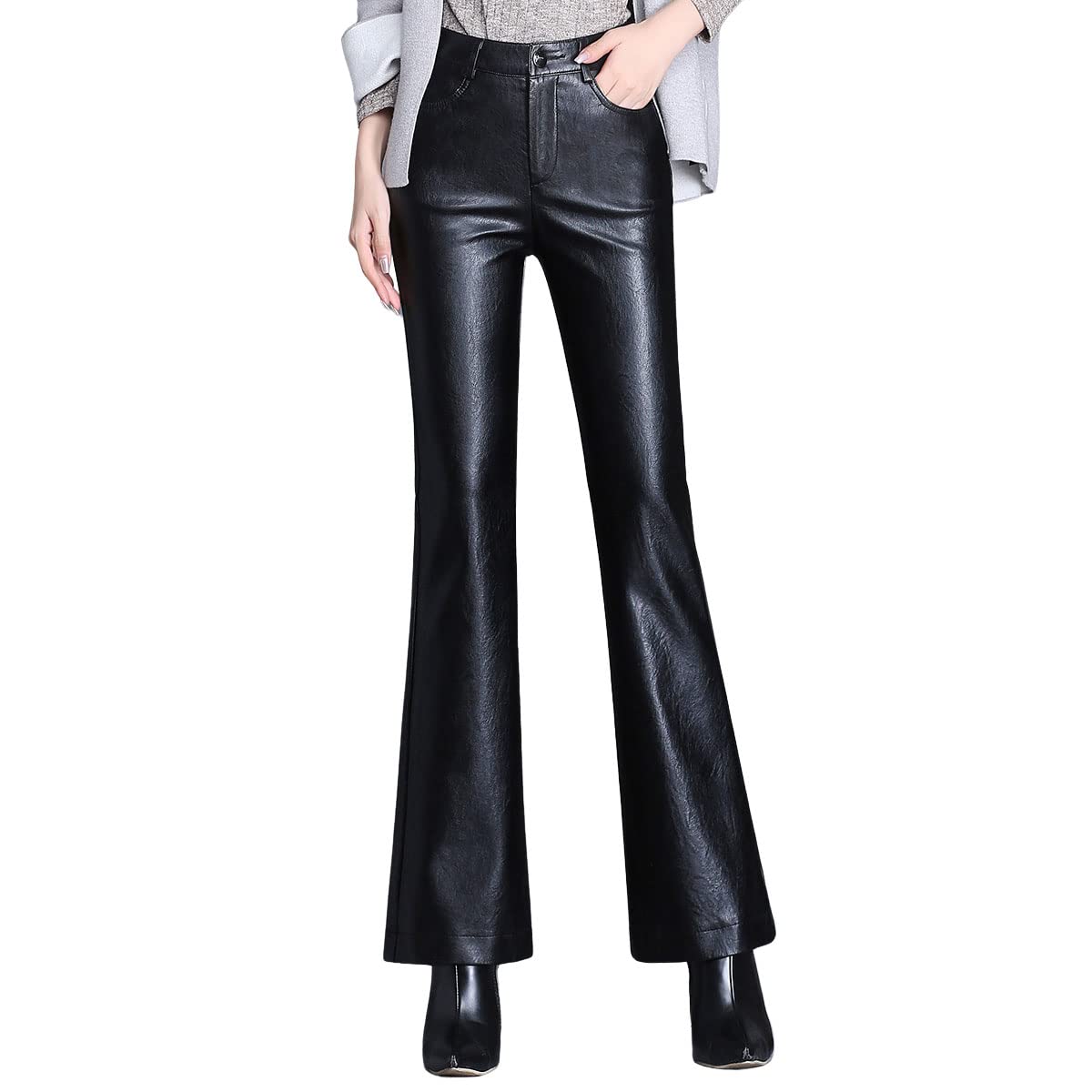 Womens High Waist PU Faux Leather Lining Plush Flare Pants Skinny Stretch Sexy Bell Bottom Long Trousers