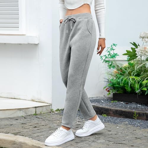 Gefütterte Jogginghose Damen Warm Thermo Winter Fleecehose, Flauschig Baumwolle Verdickte Thermohose Winterhose Freizeithose Kordelzug Sweathose mit Taschen XL Hellgrau mit Geradem Bein