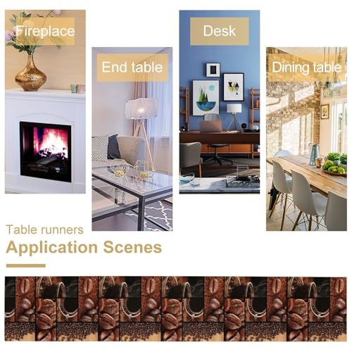 Image of Coffee Print Table Runner Rectangle Modern Art Coffee Cup Coffee Bean Abstract Heart Non-Slip Print for Dining Room Kitchen Living Room Party 13x36 inch