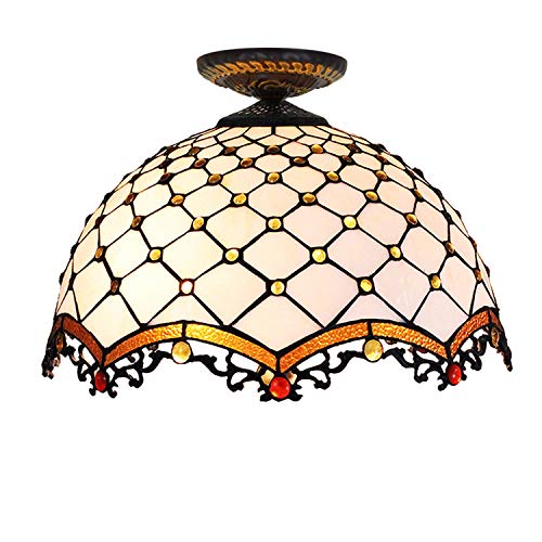 Lampada da soffitto Tiffany: questa lampada Tiffany presenta un paralume in vetro colorato da 40 cm con motivi di perline incrociate bianche, vassoio da soffitto da 13 cm di diametro.Uno splendido pezzo fatto a mano, aggiunge fascino artistico a qualsiasi spazio