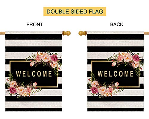 Pingpi PINP-GDFG-A786 Personalized House Flag Large Double Sided Welcome Flower,Welcome Friends,Farmhouse Decor,Yard Decor,Outdoor Decor,Black And White Stripes Garden Flag 28 X 40 Inch thumb #2