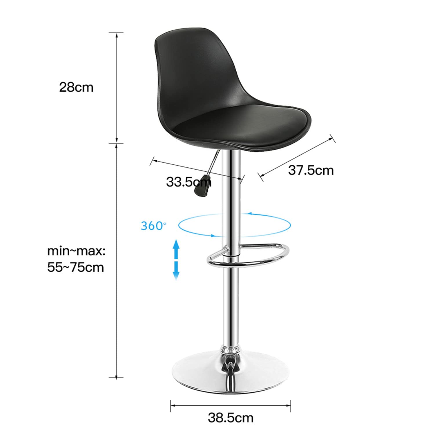 2 Tabourets De Bar HUOLE Réglables - Avec Dossier Et Repose-Pieds - Rotatifs 360°