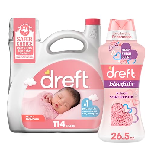 Image of Baby Laundry Gift Set of Dreft Stage 1: Newborn Baby Liquid Laundry Detergent, 114 loads, 165 fl oz + Dreft Blissfuls Laundry Scent Booster Beads for Washer, Baby Fresh Scent, 26.5 oz