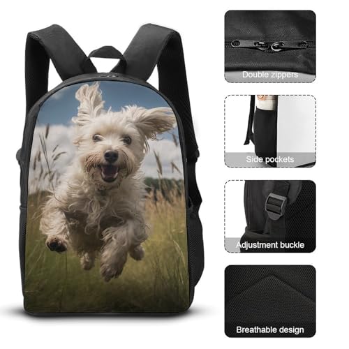 3 Piece Backpack for Women Men Lightweight Causal Daypack Shoulder Bag Set with Insulated Lunch Bag And Pencil Case Organizers White Dog in The Field3