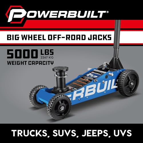 Image of Powerbuilt 2.5 Ton Big Wheel Off Road Jack, Vehicle Lift for Trucks, SUVs, ATVs Offroad Vehicles, Oversized Wheels for Rugged Terrain, 5000 LB Capacity, Blue 620620ECE