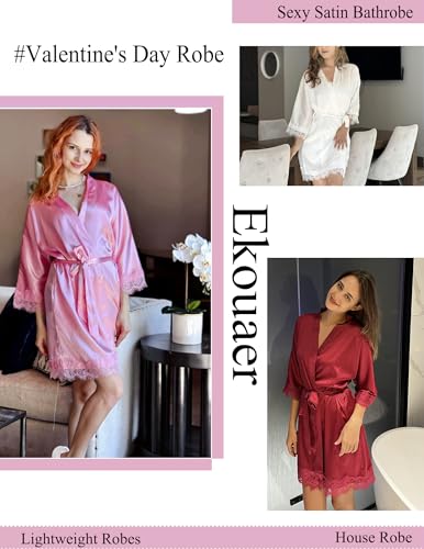 Image of Ekouaer Womens Silk Robes Short Lace Trim Satin Bride Bathrobe with Pockets