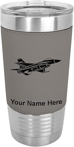 LaserGram Vaso aislado al vacío de 20 onzas, Fighter Jet 1, grabado personalizado incluido (piel sintética, gris)
