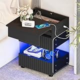 STHOUYN Bedroom LED Nightstand with Gun Drawers, Black Modern Night Stand with USB & Type-C Charging Station, Smart Nightstand Noght Stand, Bedside Table Gun Safe Side End Tables Office (1, Black)