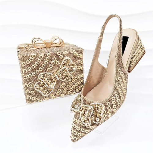Women Gold African Wedding Shoes Set Italian Rhinestone Bridal Pumps and Matching Evening Bag Party