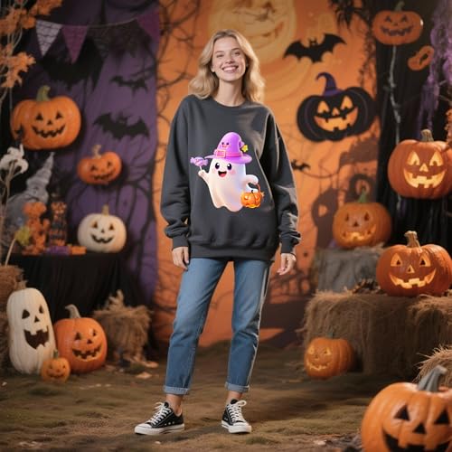IRUD Halloween Sweatshirts for Women - Oversized Ghost Pumpkin Lantern Candy Pattern Round Neck Casual Long Sleeve - image 4