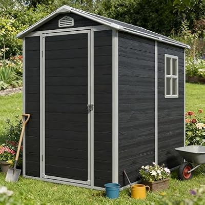 Shaical 6x4 FT Outdoor Storage Shed with Floor Included, Resin Storage Shed with Window and Vents, Lockable Door Waterproof Plastic Sheds for Garden, Patio, Backyard, Yard, Lawn, Black