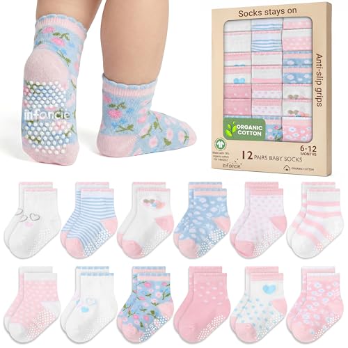GOTS Certified Organic Cotton Rich Blend Baby Socks 12 Pairs For 6-12 (M) Baby Girl Soft Stretchable & Comfortable Socks For Newborn Adorable Sock Girls Gift For Infant Pink