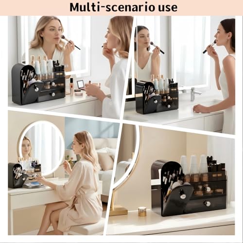 Image of Makeup Organizer for Vanity with Covered Brush Holder,Bathroom Organizers with Drawer,Skin Care Organizer,Makeup Organizers for Vanity with Drawer,Large Makeup Storage for Dresser, Black