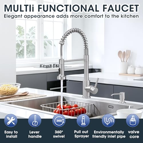 Image of Kitchen Faucet with Soap Dispenser, Brushed Nickel Kitchen Sink Faucet with Sprayer 304 Stainless Steel Single Handle Dual Function Spring Commercial for Farmhouse Camper Laundry RV Bar