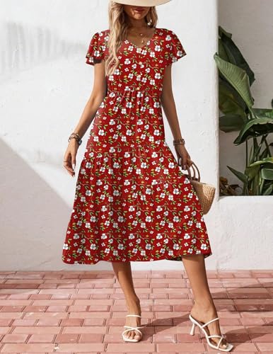 Image of Zeagoo Women's Summer Casual Dress Flutter Short Sleeve V Neck Button Down Tiered Flowy Long Dress with Pockets