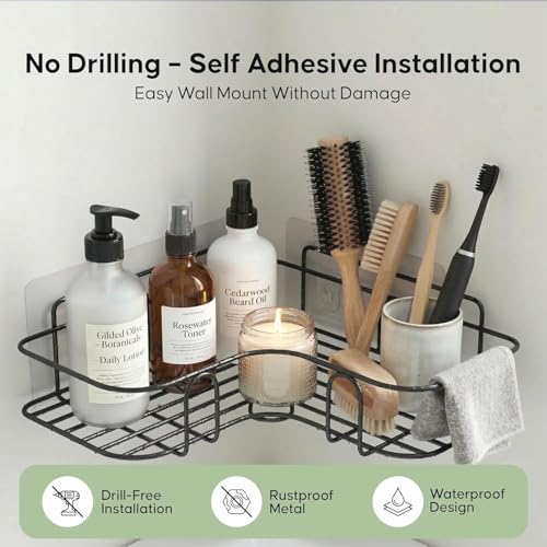 Image of Corner Shower Caddy Shelf Set of 2 | Self Adhesive Bathroom Shelf Organizer | Rustproof Wall Mounted Bathroom Rack for Shampoo, Soap & Toiletries | No Drilling Storage Basket