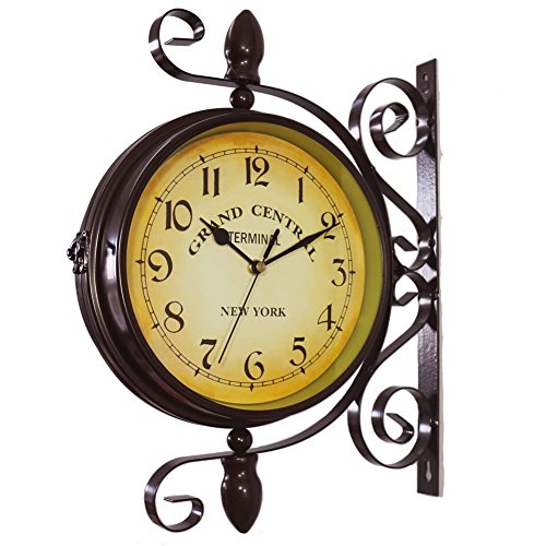 Wrought Iron Antique-Look Brown Round Wall Hanging Double Sided Two Faces Retro Station Clock 8-inch