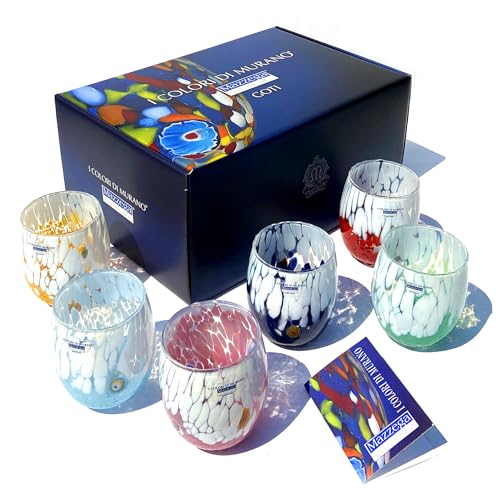 MAZZEGA ART & DESIGN Bicolor Water Glasses in Blown and Hand-Worked Glass with Murano Murrine - Murano Colors - Bicolor 12,84 oz. Made in Italy (6, MIX-SR)