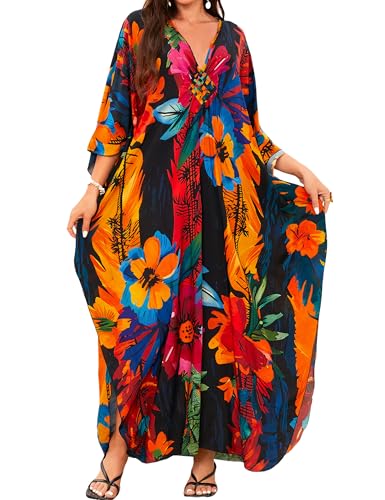 Image of MAKABO Kaftan Dresses for Women, V Neck Moo Moos Colorful Print Cover Ups Caftan Beach Dresses for Swimwear