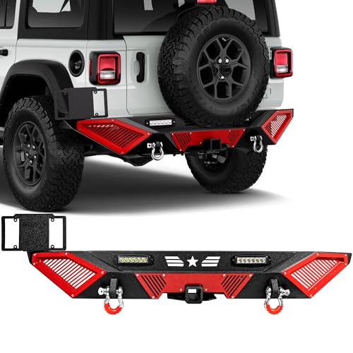 Rear Bumper - Compatible with 20182024 JP Wrangler JL/JLU Off-Road Rock Crawler Full-Width Bumper with LED Lights 2 Hitch Receiver D-Rings & Red Paintable Armor