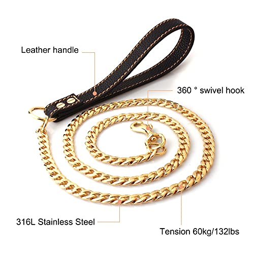 Hundeleine Kette, 1,3m/4ft Metall Hunde Übungsleine, Trainingsleine mit PU-Leder Griffe für Kleine Mittlere Große Schwere Hunde