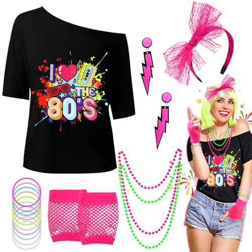 Sekepingo Disfarce anos 80S mulher néon conjunto de disfarce dos anos 80 para mulher fato de treino retro t-shirt luvas de grade faixa brincos colar e pulseira (L)