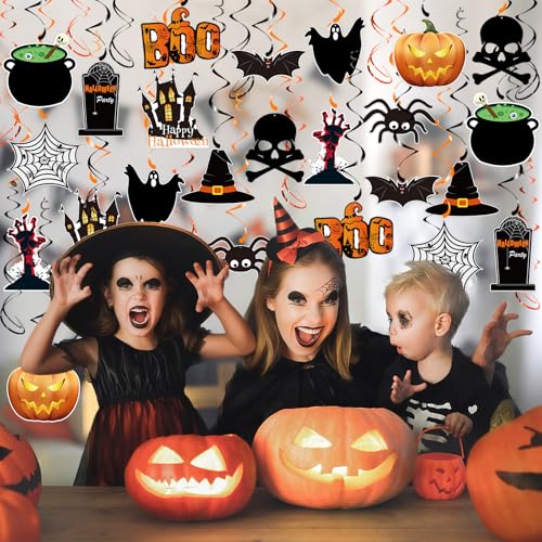 Image of PartyGarden Halloween Hanging Swirl Decorations - 36 Pcs Hanging Spooky Ceiling Decor with Ghost, Pumpkin, Skull for Home, Office, Party