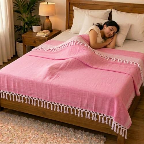 Image of OKTIC Bhagalpuri Plain Dull Chadar Combo Pack of 2, Lightweight Thin Layer Comfortable Handloom Cotton Top Sheet for Summer, Peach Sky Blue Single Size 230 x 130 cm