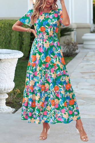 Image of PRETTYGARDEN Women's Casual Smocked Boho Floral A-Line Maxi Dress 2026 | Summer Short Flutter Sleeve Crewneck Tiered Long Sundress,Fall Wedding Guest Dresses,Spring Cute Flowy Beach Vacation Clothes