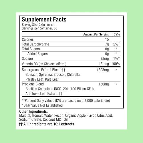 Plant People WonderGreens Veggie Gummies Super Greens with Probiotics Multivitamin Support Gummy for Wellbeing, Energy, Immune and Gut Health, Green Apple Flavor (60 Count)
