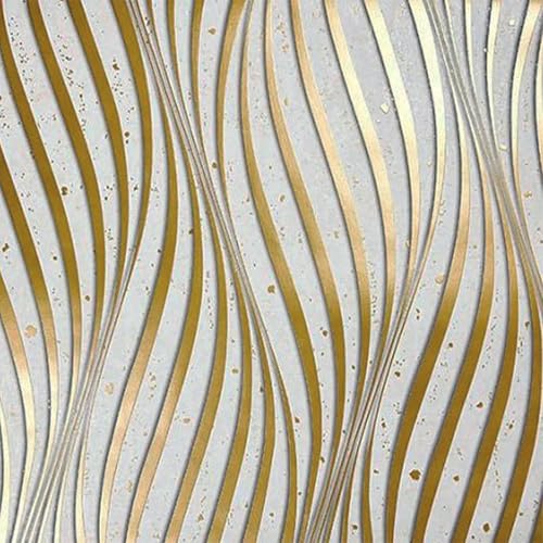 Cathpetic Gold and White 3D Wave Stripes Glitter Wallpaper 9.5×0.53m,Embossed Roll for Living Room Bedroom Kitchen Front Room,Non Woven Fabric Wallpaper Luxury Modern Abstract
