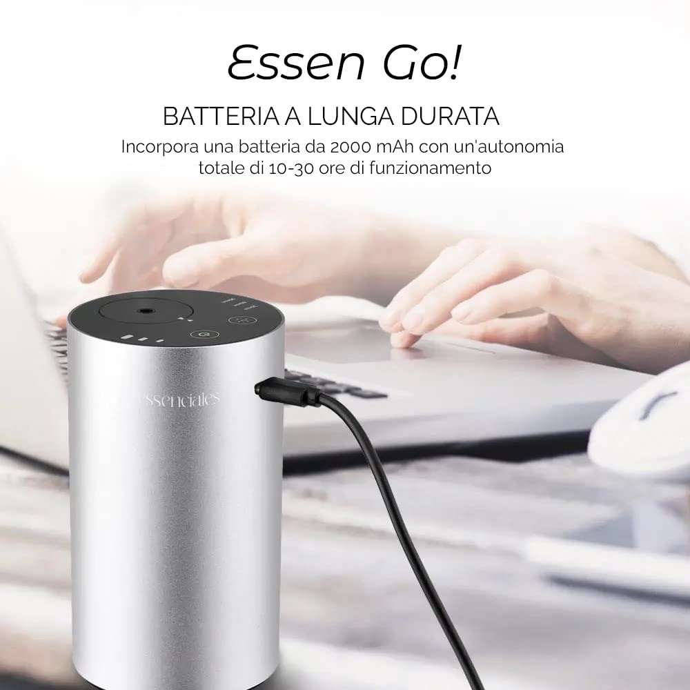 Profumatore Auto ESSENGO con Oli Essenziali - Fragranza Naturale e Durevole, Regola l'Intensità a Tuo Piacimento - Senza acqua né cavi, include 2x10ml di Limone ed Eucalipto.