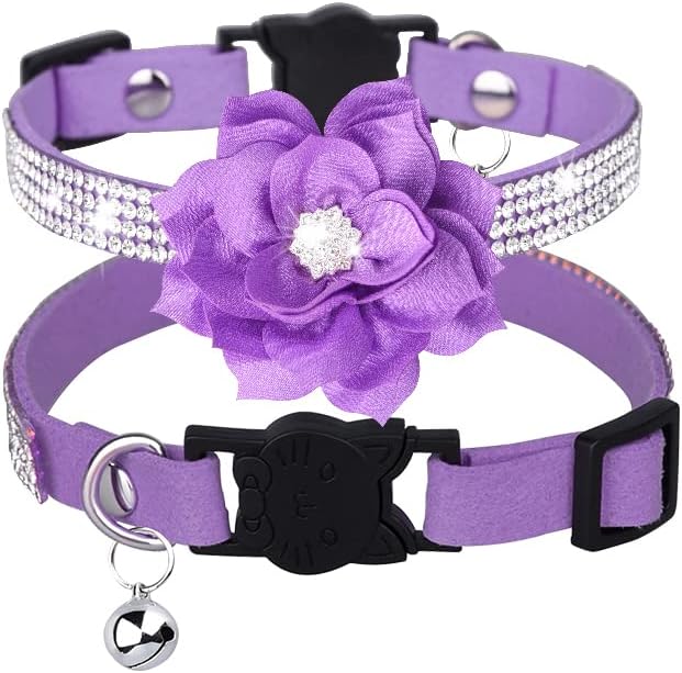 haoyueer Rhinestones Dog Cat Collars with Bell Bling Pet Puppy Collars with Soft Velvet Crystal Collars Girl Jeweled Necklace (Purple-1)