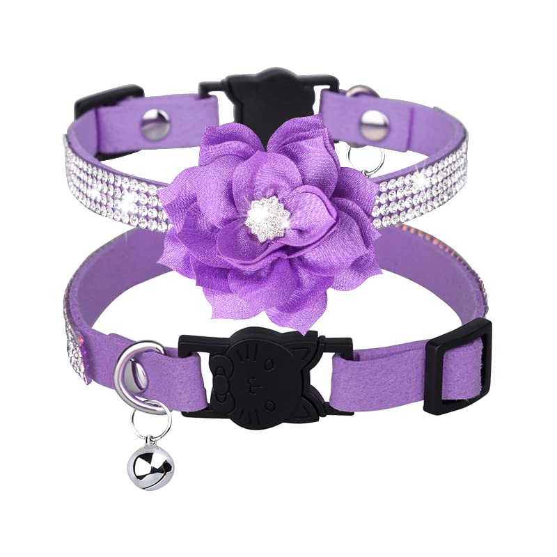 Bbmmayy Cat Collars,Rhinestone for Girl Cats Bling Kitten Flower Adjustable Breakaway Collar with Bell Soft Velvet Leather Collar for Puppy Small Dogs