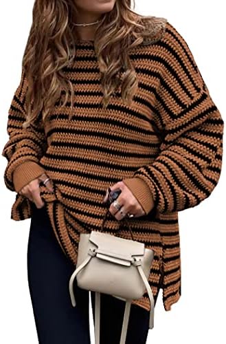 KIRUNDO Women's 2025 Fall Winter Oversized Long Sleeve Striped Sweater Casual Crewneck Side Split Pullover Knit Tops