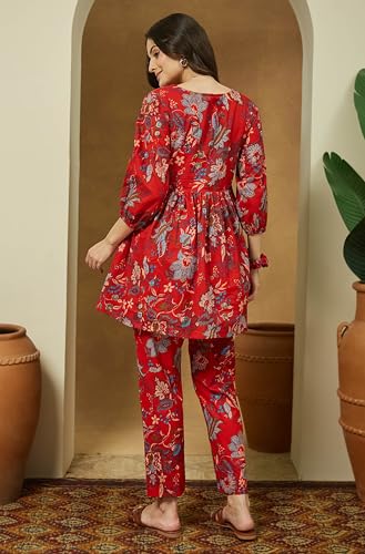 Image of Janasya Women's Red Pure Cotton Floral Printed Peplum Co-ord Set
