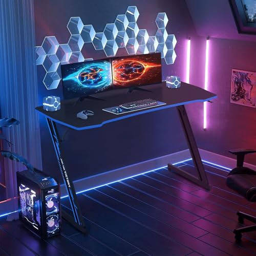 Image of Z-Shaped Gaming Computer Desk - 47 inch Large Gaming Table with Carbon Fiber Surface, Sturdy Metal Frame, Blue