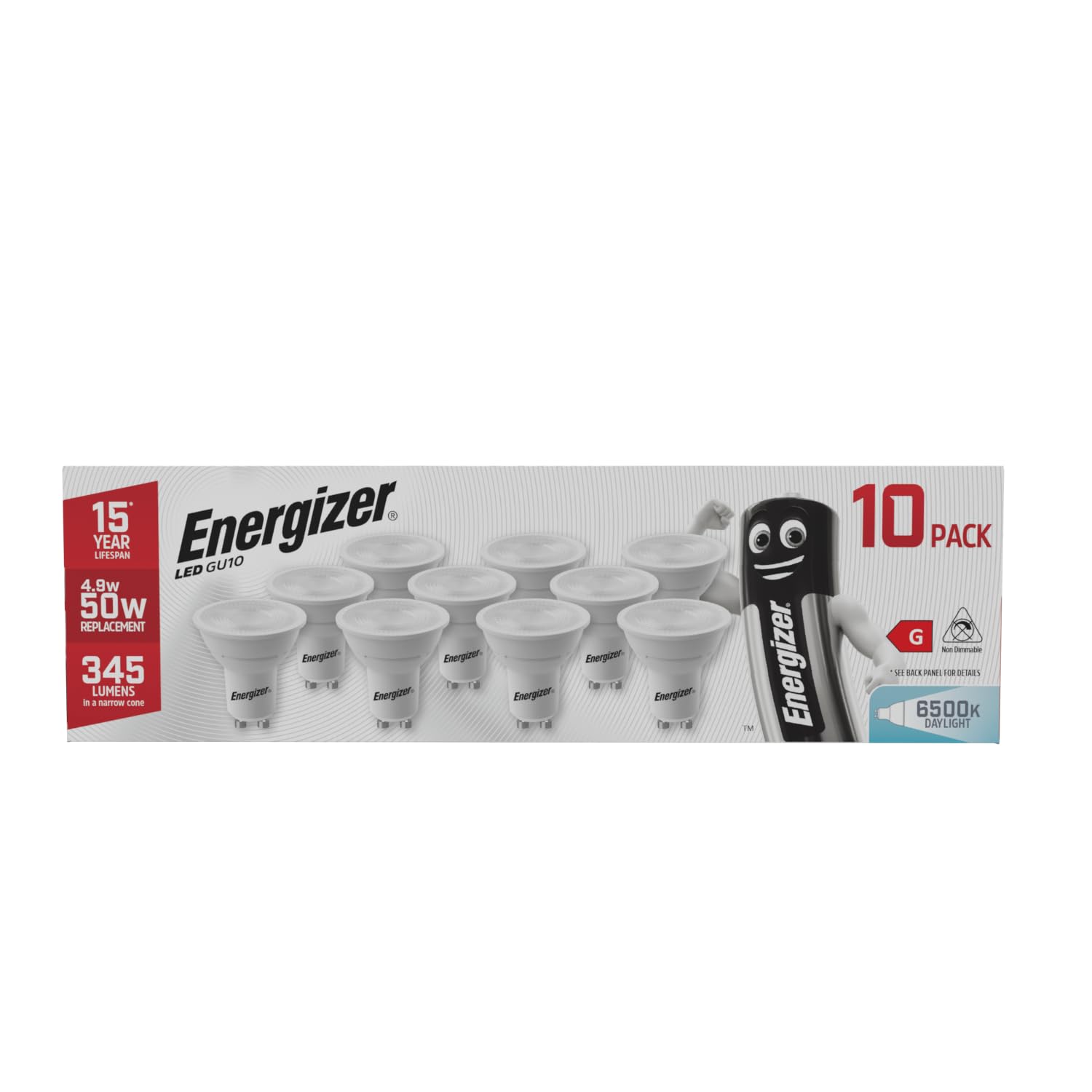 Energizer GU10 LED Bulbs Daylight 6500k - Spotlight Bulbs for Ceiling Lights, Pack of 10, HGSENERGU106500KEnergizer GU10 LED Bulbs Daylight 6500k - Spotligh…
