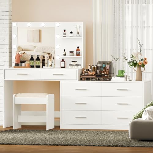 Rovaurx RSZT109WD 65 Inch W Makeup Vanity Set With Mirror And 3-Color Lights, Large Vanity Table With 8 Drawers & Side Storage Shelf, Adjustable Width, Bedroom Dressing Table With Stool, For Women, White Rszt109Wd thumb #3