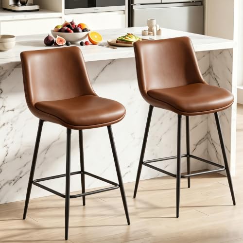 Image of Counter Height Bar Stools Set of 2, FSC Certified Upholstered Faux Leather Barstools with Back, Metal Base, 27 inch Seat Height, Modern Upholstered Counter Stools for Kitchen Island,(Walnut Brown