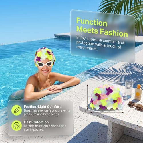 Image of Housoutil Women Floral Swim Cap, Retro Flower Swimming Bathing Cap，L | Comfortable Bathing Hats Breathable for Adult Women Long /Short Hair, Retro Floral Petal Shower Swimming Hat