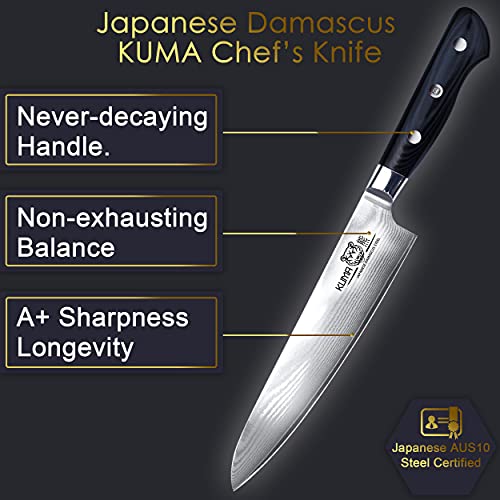 KUMA Professional Damascus Chef Knife – 8 inch Knife with Hardened Japanese Carbon Steel - Stain