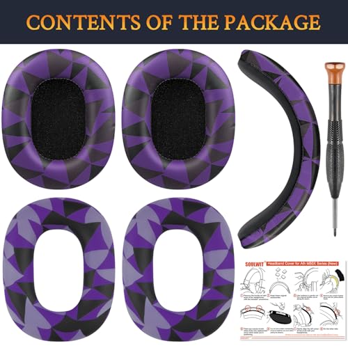 Image of SOULWIT Ear Pads Cushions + Headband + Silicone Earpads Cover Protector, Replacement Kit for ATH M50, M50X, M50XWH, M50XBT, M50XBT2, M50S /LE Headphones, Replacement Repair Part (Purple Black)