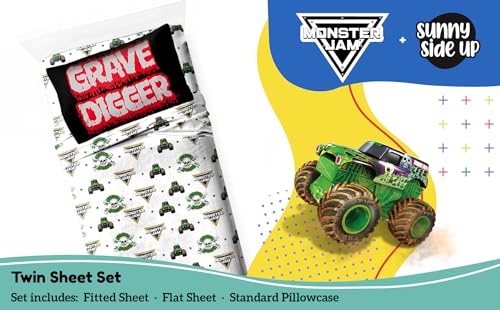 Image of Sunny Side Up Monster Jam Grave Digger Twin Sheet Set - 3 Piece Kids Bedding Set Includes Pillow Cover - Super Soft Microfiber Sheets