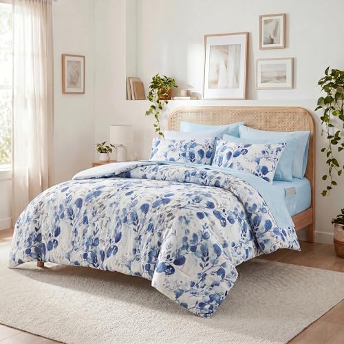 Regency Heights Lightweight Seersucker Botanical Comforter Set Queen Size, 9 Pieces Reversible Design Bed in A Bag Set, Premium Microfiber Bedding Set, Blue - image 1